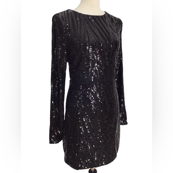 Love & Lemonade Black Sequin Long Sleeve Open Back Dress Size XL NWT - Picture 3 of 7